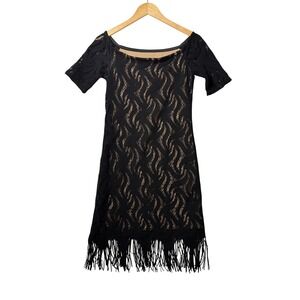 Joseph Ribkoff Black Crochet Fringe Hem Dress Womens Size 6 Boho Cocktail‎ Party